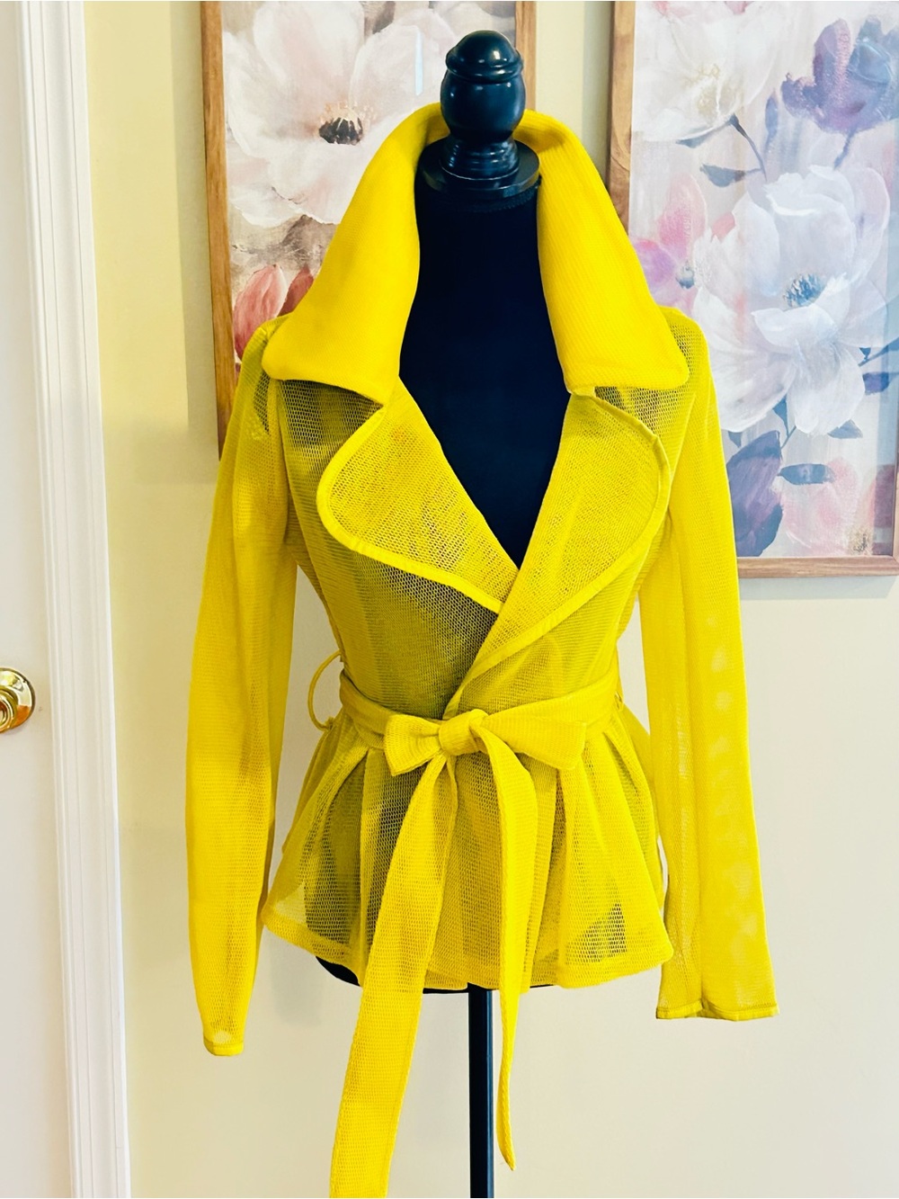 Yellow Mesh Belted Jacket - Women Jacket
